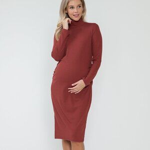 Women's Maternity Mock Neck Long Sleeve Rusted Fall Bodycon Slit Midi Dress